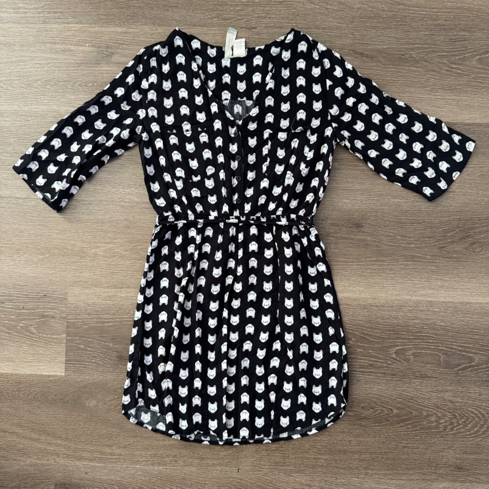 Mimi Chica Shirt Dress Womens Medium Black White Cat Print 3/4 Sleeve V-Neck
